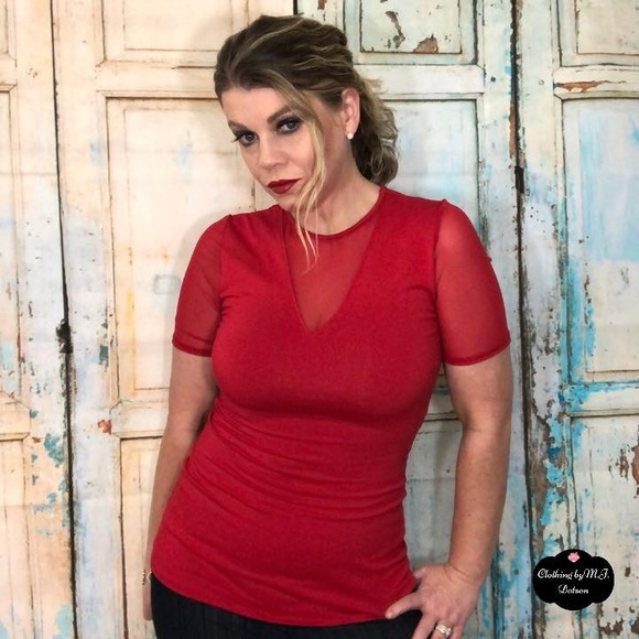 Agnes & Dora Tops - NEW!! Sheer V-Neck Tee-Cherry